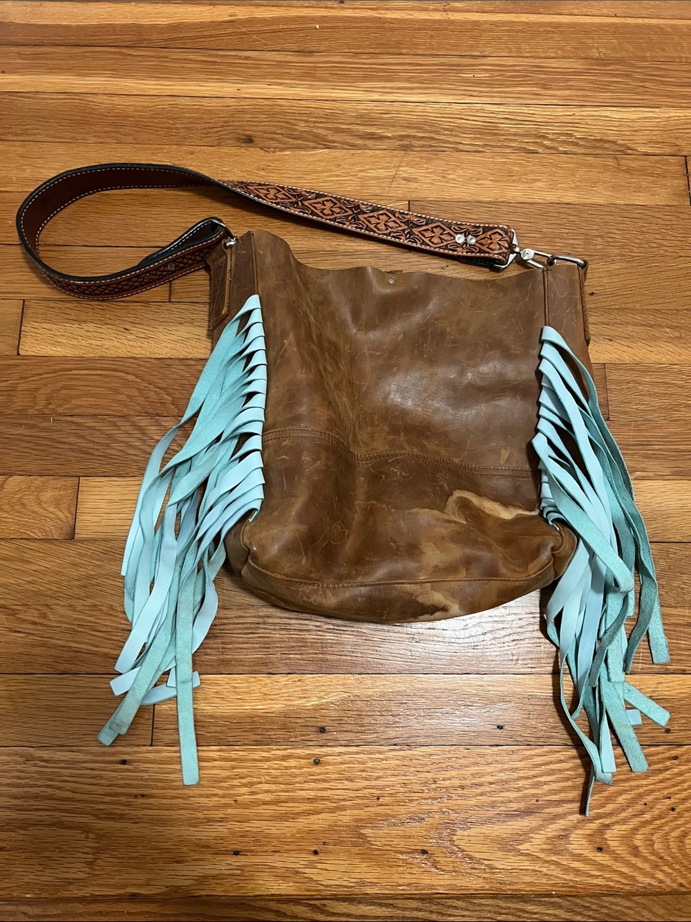 Fringe Hill Leather Shoulder Bag in Brown with Turquoise Fringe